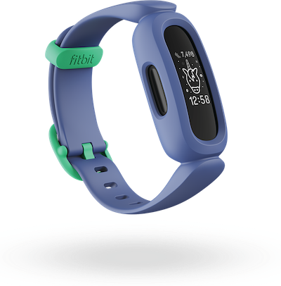 Fitbit Ace 3 tracker with the screen showing time and steps